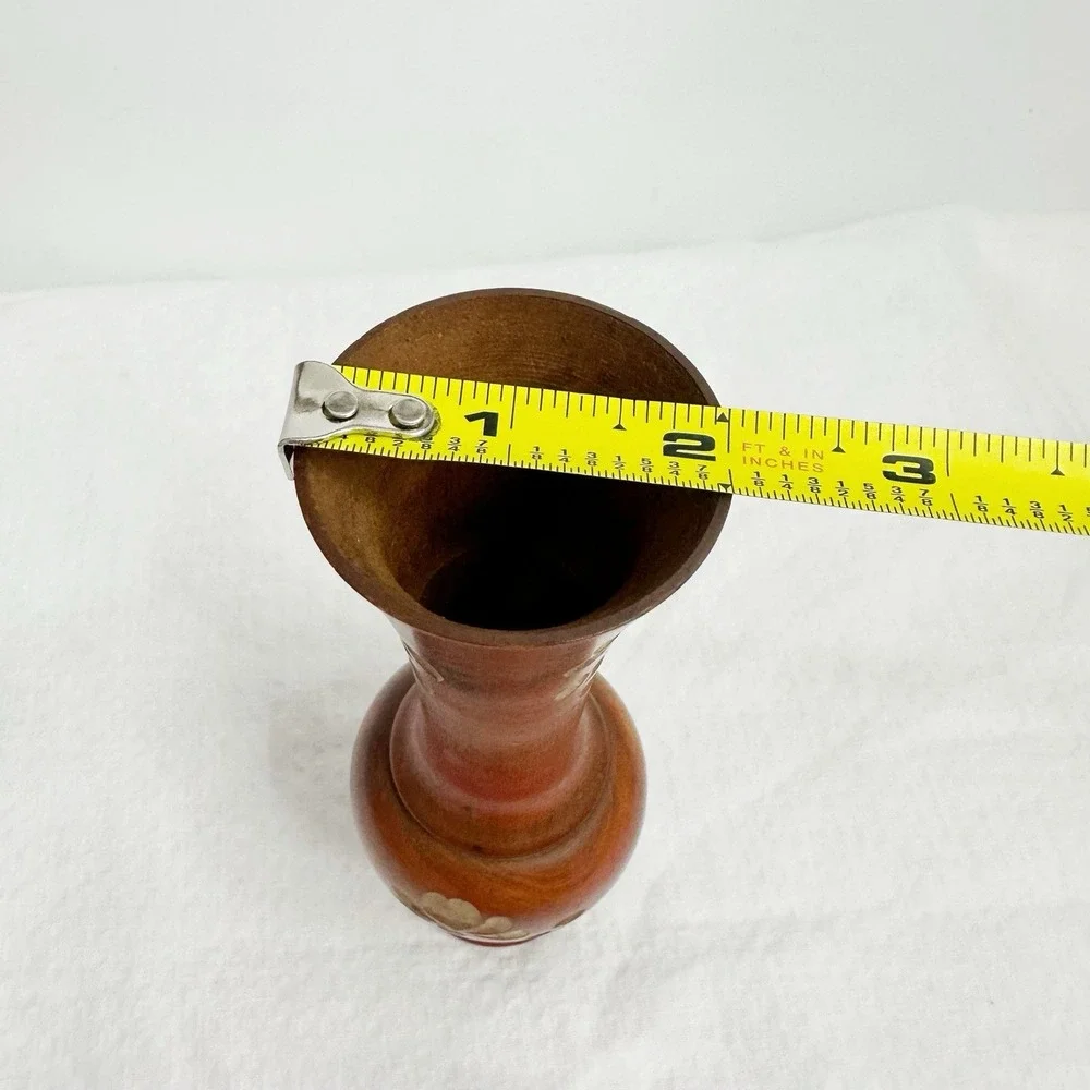 Vintage Hand Carved Painted Floral Red/brown Wooden Vase Mexico 7.5